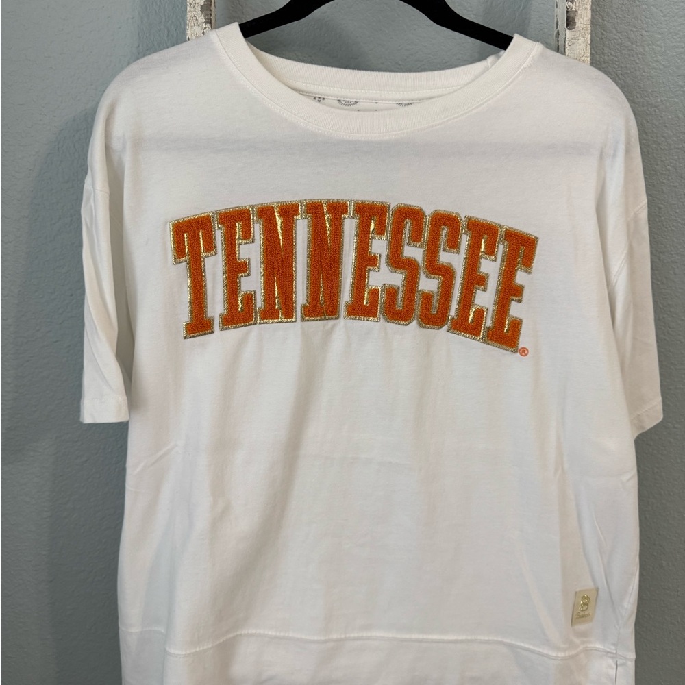 Pressbox White Tee with Orange/Gold Logo Patch